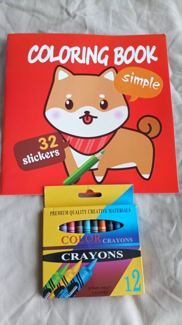 Coloring book with 32 stickers & 12 crayons