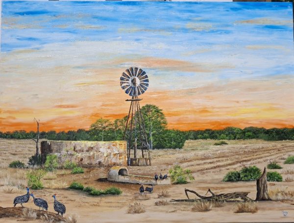 Landscape with dam, windmill, guinea fowls